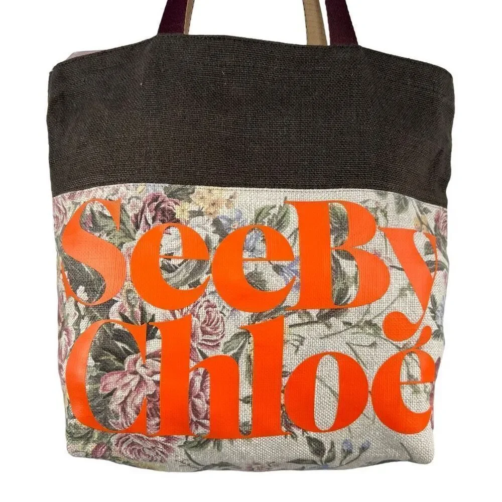 See By Chloé Floral Canvas Casual Style Logo Beige Brown and Purple Tote Bag